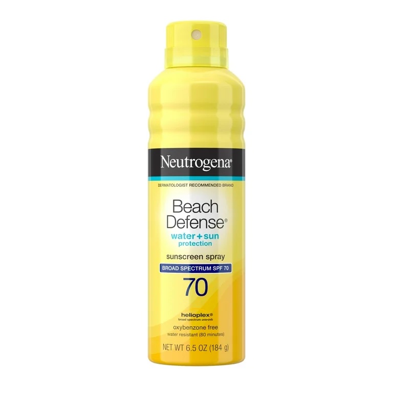 Il s’agit du spray solaire :
Neutrogena Beach Defense SPF 70 (6,5 oz / ~184 ml)
